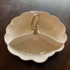 Vintage California Pottery divided dish with a brass handle